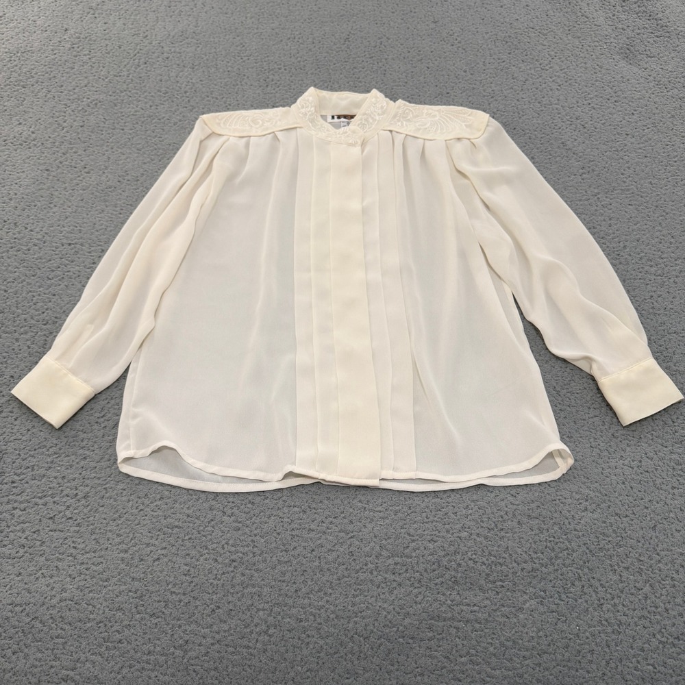 Vintage Cream Pleated Embroidered Blouse Womens 10 Ivory Victorian Top Sheer